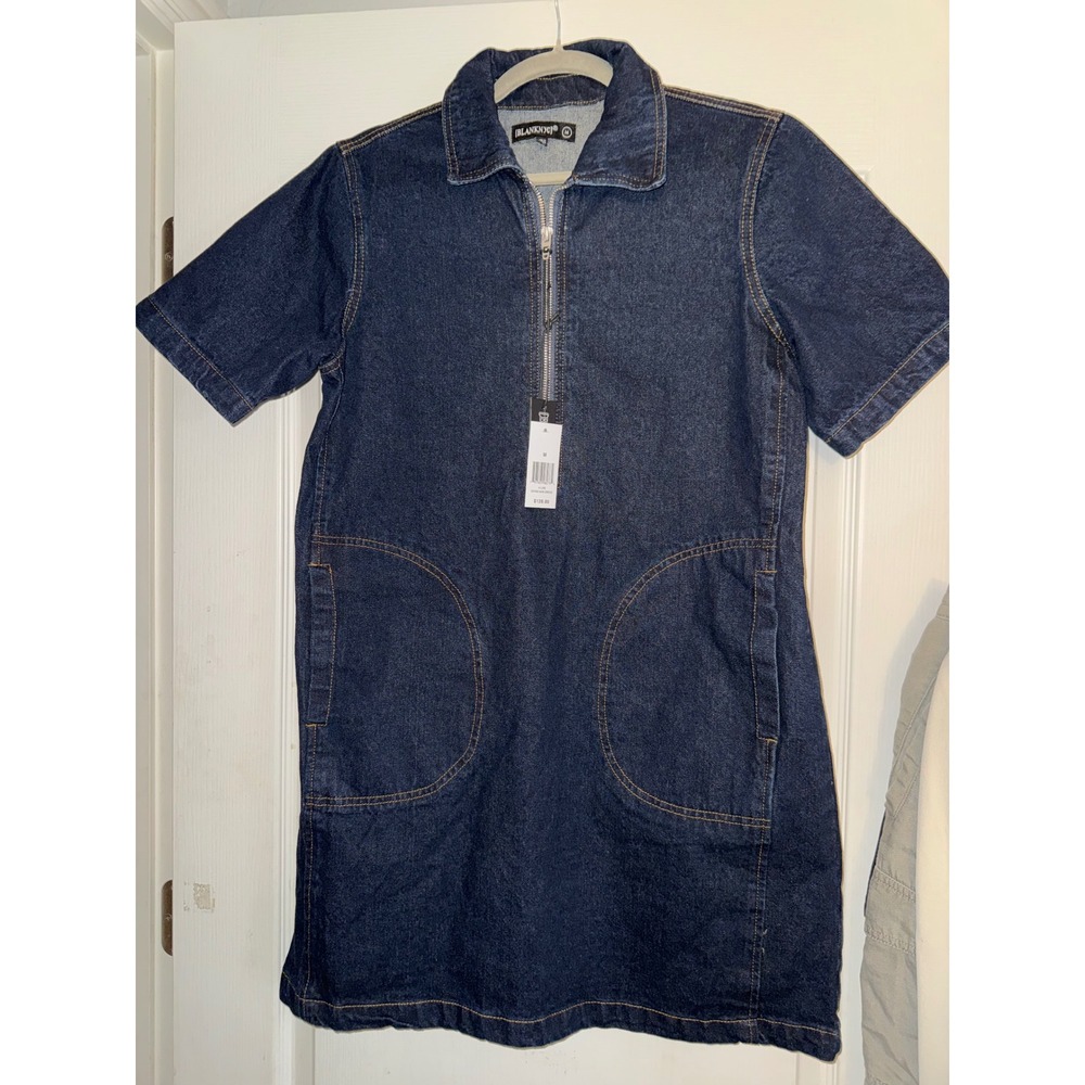 BlankNYC Denim Mini Dress Womens Medium Dark Wash Half Zip Short Sleeve 48YL7260